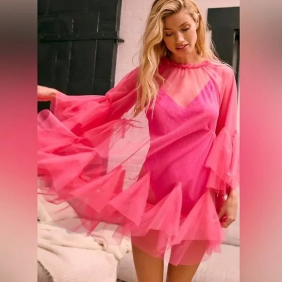 Anthropologie Maeve Bright Pink Tulle Mini Dress - Picture 2 of 8